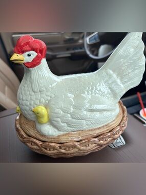 Ceramic Hen on Nest Candy Dish - White with Red & Yellow Accents